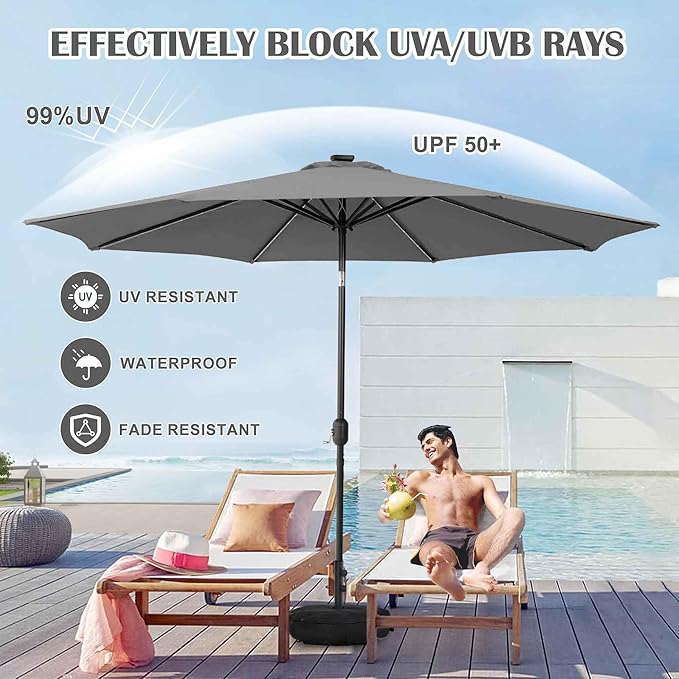 Sundale Outdoor Solar 88 LED 10 ft Patio Umbrella with Sand Bag Umbrella Base, Outdoor Umbrella with Tilt and Crank, Dark Grey