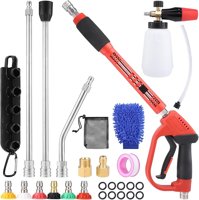 18Pcs Pressure Washer Accessories, Car Wash Foam Cannon, 5000PSI Pressure Washer Gun, M22 14mm or 15mm Fitting, 1/4" Quick Connector, 6Pcs Nozzle Tips for Outdoor Gutters Roof Siding