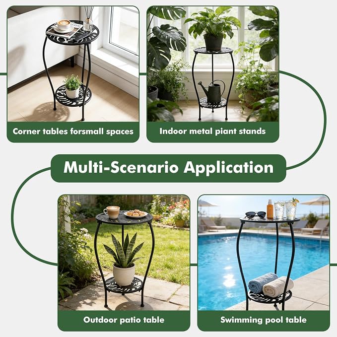2-tiered 13.2 Inch Metal Round Side Table Set of Two Small Black Outside End Table for Patio Round Accent Garden Corner Stand for Small Spaces Weather-resistant Outdoor Coffee Table for Balcony, Black