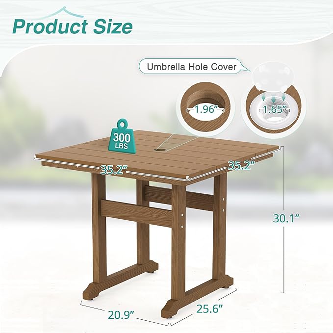 Square Outdoor Dining Tables for 4, HDPS Weather Resistant Patio Dining Table, 35" Outdoor Tables with 1.96" Umbrella Hole for Patio, Balcony, Backyard, Brown