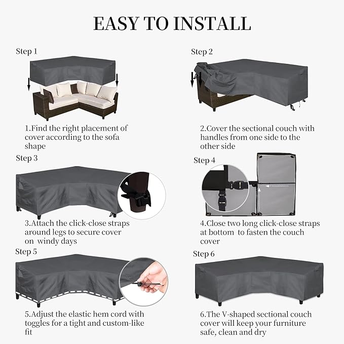Easy-Going Patio V-Shaped Sectional Sofa Cover, Waterproof Outdoor Sectional Cover,Heavy Duty Garden Furniture Cover with Air Vent 89" L (on Each Side) x 33.5" D x 31" H, Dark Gray