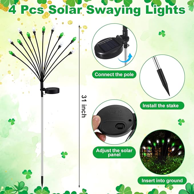 Rossesay 4 Pcs St Patricks Day Outdoor Decorations Solar Lights Waterproof Green 48 LED Swaying Pathway Firefly Stake Lights for Outside Yard Garden Lawn Decorations(Green White,Pine Cone)