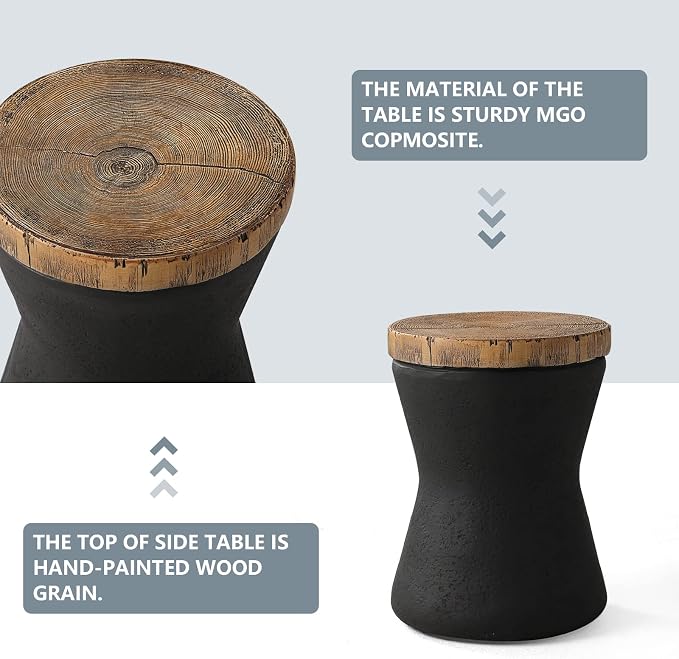 COSIEST 2 Pieces Outdoor End Table, Set of 2 Drum Side Table Faux-Wood Top, Black Base with Tree Trunk Slice Hand Painted, Accent Stool, Plant Stand