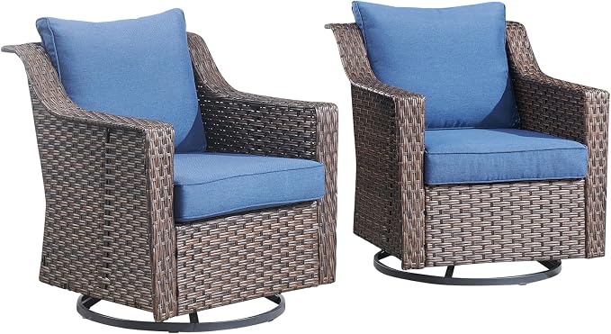 Outdoor Swivel Rocker Patio Chairs-Outdoor Swivel Chair with High Back Patio Chairs for Deck Balcony Poolside Backyard-Brown/Blue