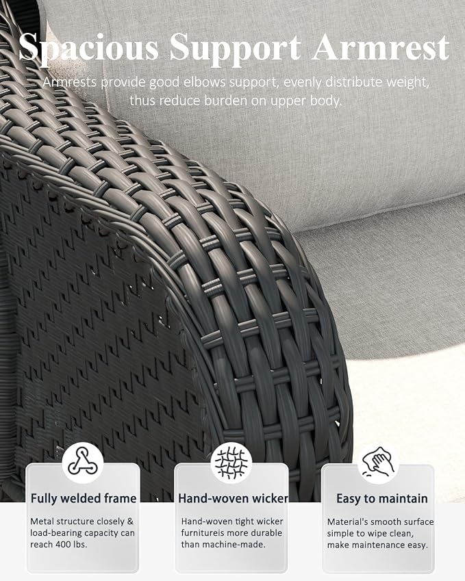 LayinSun 3 Piece Wicker Outdoor Furniture Set with 6-inch Comfy Cushions, High Back Patio Furniture Set with Swivel Rocking Chairs and Side Table