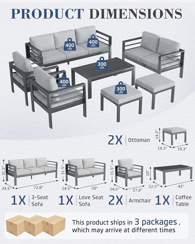 AECOJOY Aluminum Patio Furniture Loveseat, Modern Outdoor Furniture with Washable 5 inch Thick Cushion, Light Gray