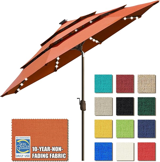 EliteShade USA 10-Year-Non-Fading 9ft 3-Tier Market Patio Umbrella, Commercial Table Umbrella with 80 Solar LED Lights, Crank Open, Windproof & UPF 50+ UV Protection for Garden, Deck, Pool, Backyard, Rust