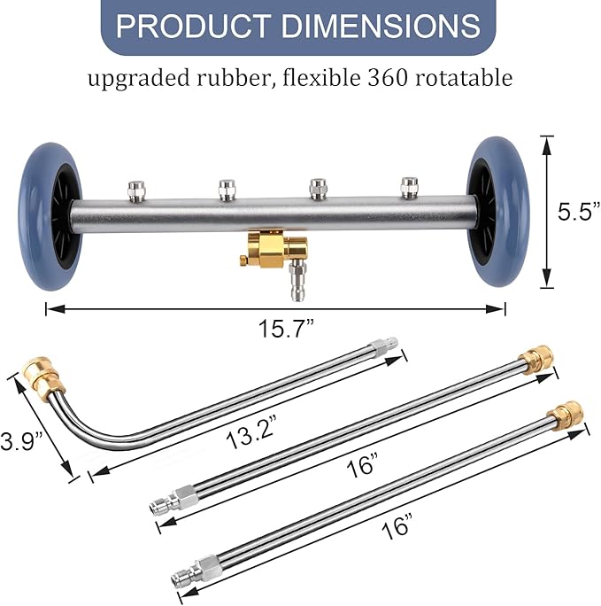 2-in-1 Undercarriage Pressure Washer Attachment – 4000 PSI Broom, 16" – 3 Extension Wands & Rust Prevention