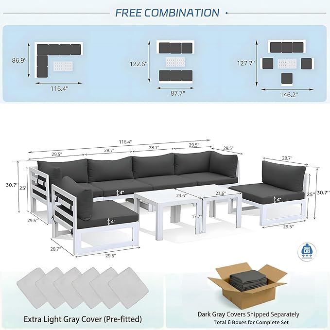 NICESOUL 8 Pcs Large Modern Aluminum Outdoor Sofa, 29" Deep Wide Seated, 500 lbs Durable L Shaped Sectional Set for Heavy People, Water Resistant Modular Patio Furniture Set for Backyard, Dark Gray
