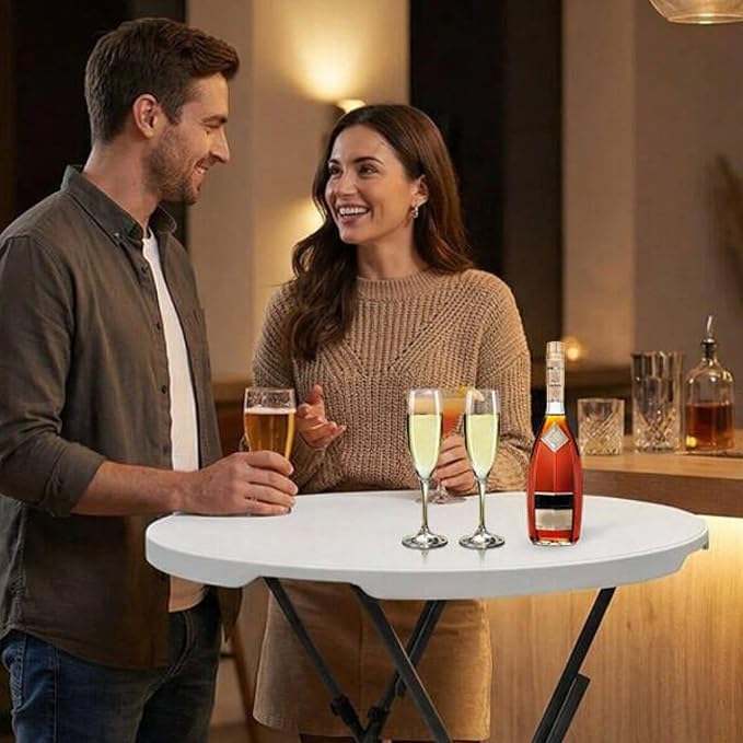 32in Round Folding Cocktail Table Bar Height White 2 PC | 32in round folding bar height table set, detachable legs, portable for indoor outdoor weddings parties events, 2 pack