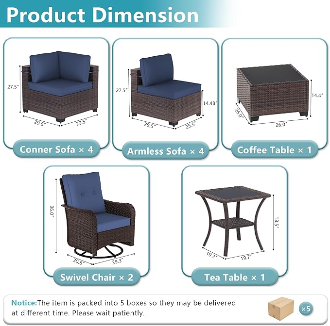 ALAULM 12 Pieces Patio Furniture Set with 2 Swivel Chairs Wicker Patio Conversation Set, Outdoor Sectional Furniture w/Coffee Table & Washable Seat Cushions-Dark Blue