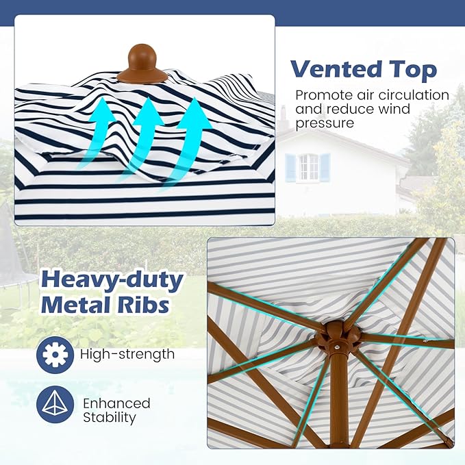 HAPPYGRILL 7 FT Patio Umbrella with Fringe, Outdoor Tassel Umbrella w/Sun-Protective Polyester Canopy, Wood-like Aluminum Pole, Air Vent, Boho Market Table Umbrella for Beach Backyard Poolside