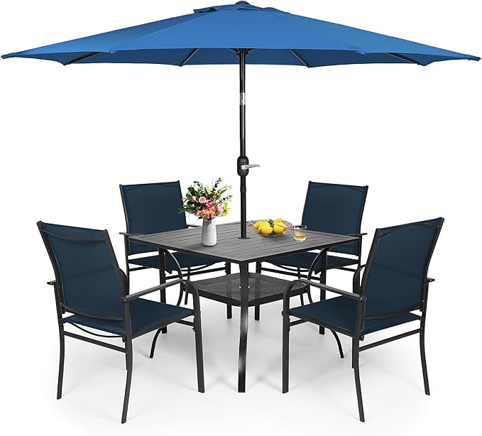 Crownland 5 Piece Patio Dining Set, Textilene Dining Sets, 4 Textilene Metal Chairs and Square Outdoor Dining Table with Dark Blue 9FT Round Outdoor Umbrella (Blue)