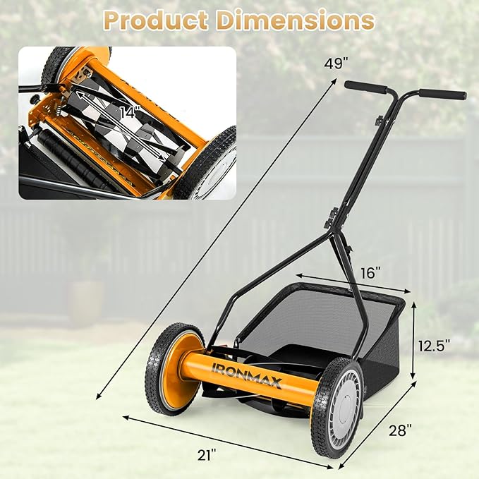 IRONMAX Lawn Mower, 14 Inch Push Reel Lawn Mower with 5 Steel Blades, Adjustable Cutting Heights, Grass Catcher Bag, Walk-Behind Manual Lawnmower for Garden Park Yard, No Motor (Orange, 14 Inch)