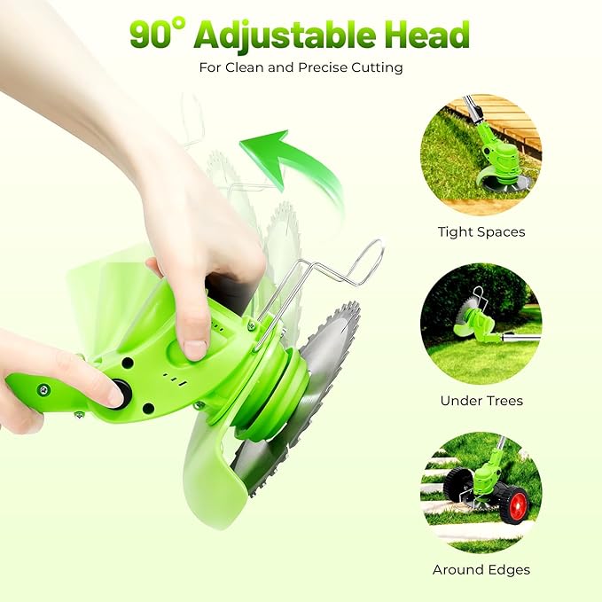 Cordless Grass Trimmer, 650W Electric Weed Wacker with 2 Batteries & Charger, 24V Battery Powered Lawn Mower with U-Shaped Handle, Auxiliary Wheels, Adjustable Telescopic Pole and 90° Flip Head