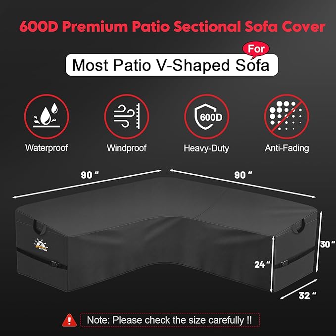 Zettum Outdoor V-Shaped Sectional Cover - 600D Patio Sectional Sofa Cover, Waterproof & Heavy Duty Patio Furniture Covers for Outdoor Sectional Sofa and Couch, 90x90 Inch Wide