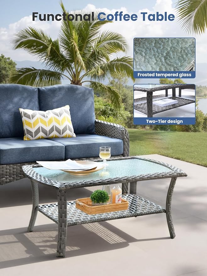 8-Piece Outdoor Patio Furniture Set with Swivel Chairs, Outdoor Conversation Wicker Sofa with Coffee Table, Rattan Couch for Deck Yard Poolside, Blue