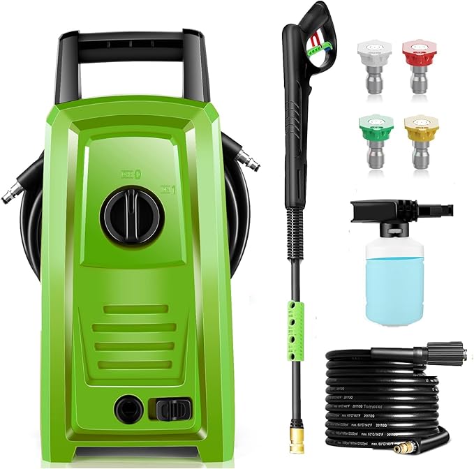 𝐏𝐨𝐰𝐞𝐫 𝐖𝐚𝐬𝐡𝐞𝐫 𝟒𝟓𝟎𝟎𝐏𝐒𝐈 Portable with 20FT Pipe, 4 Nozzle Set and 500ml Foam Cannon for Home/Cars/Fences/Windows, Green