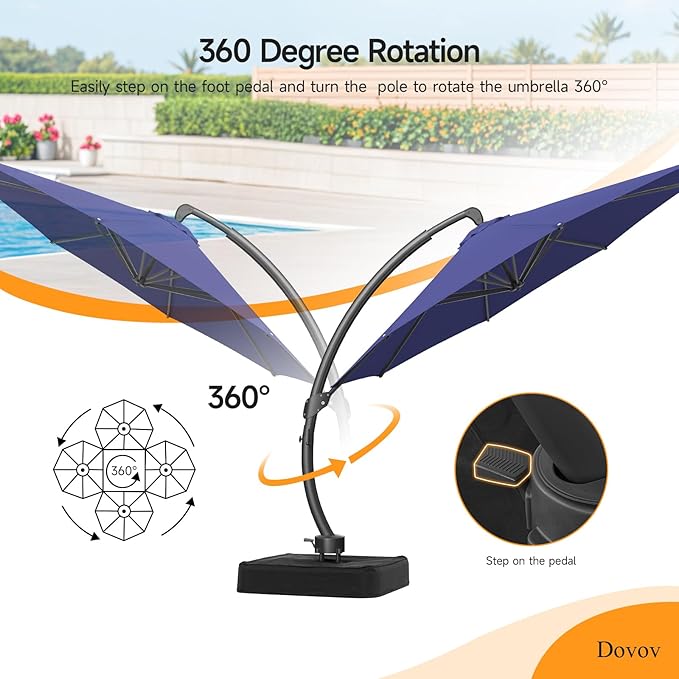 11 FT Outdoor Patio Umbrella with Base, Aluminium Curved Cantilever Umbrella, Large Round Hanging Offset Umbrella with Unlimited Position Adjustment and 360°Rotation for Market Garden Pool, Blue