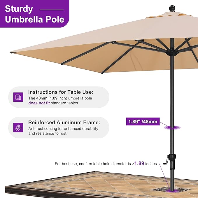 PURPLE LEAF 10' x 8' Patio Market Umbrella Outdoor Table Sun Umbrellas with Crank 8 Aluminum Sturdy Ribs for Pool Deck Backyard Beach Beige