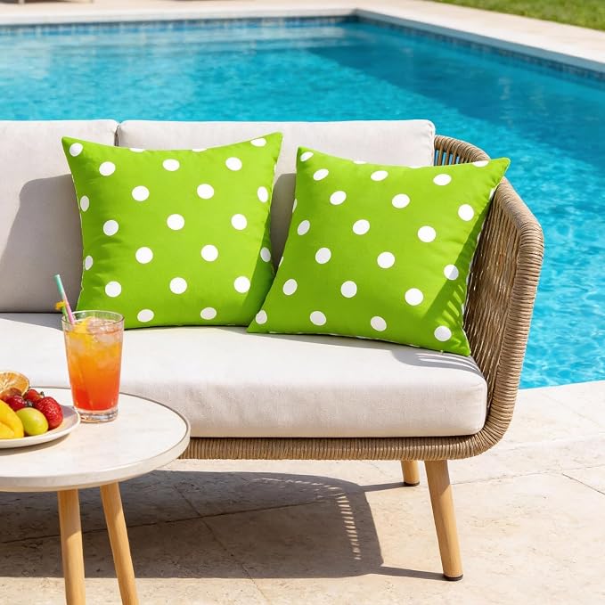 SquarePie Pack of 2 Outdoor Pillow Covers, Waterproof Decorative Throw Pillowcase Shell, Garden Cushion Shams Cases for Spring Patio Couch Balcony Bench,20x20 inch Green Polka Dot