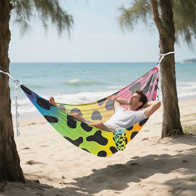 Chic Rainbow Leopard Print 330lb Capacity Outdoor Hammock with Tree Straps Rope Hammock for Outside Beach Patio Garden hamacas para adultos con soporte