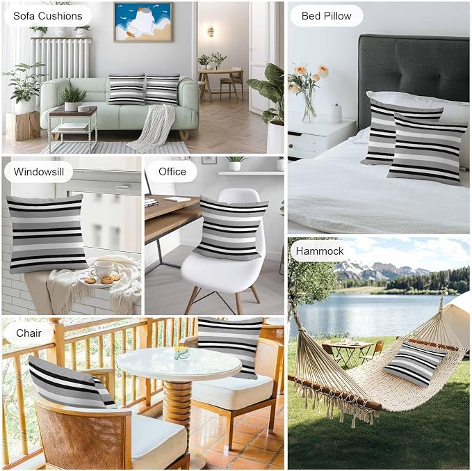 Throw Pillow Covers 16x16 Inch Set of 2, Black Gray Striped Waterproof Outdoor Pillow Covers, Contemporary Minimalist Lines Art Decorative Cushion Pillowcases for Couch, Sofa, Bed, Garden, Patio