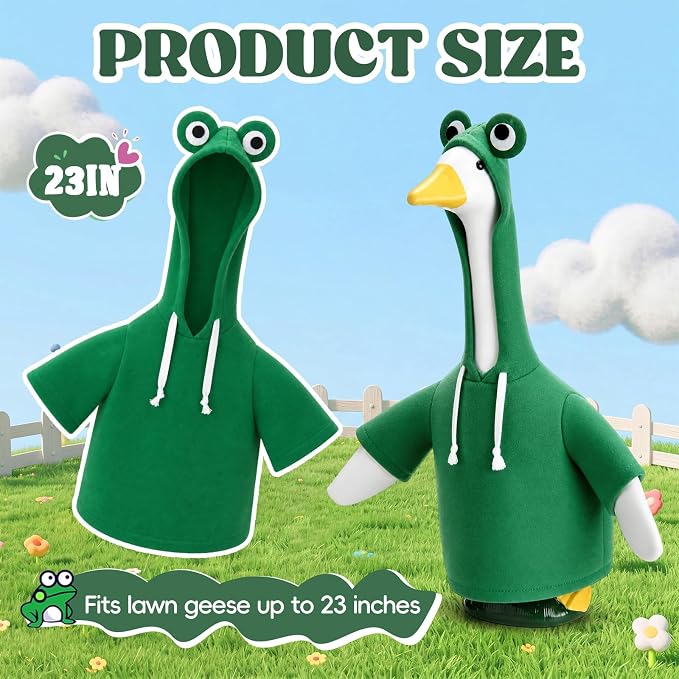 Frog Porch Goose Outfit for 23" Cement Plastic Goose Clothes Green Costume with Horns for 23" Geese Statue Decoration Patio Yard Garden Lawn Outdoor Decors