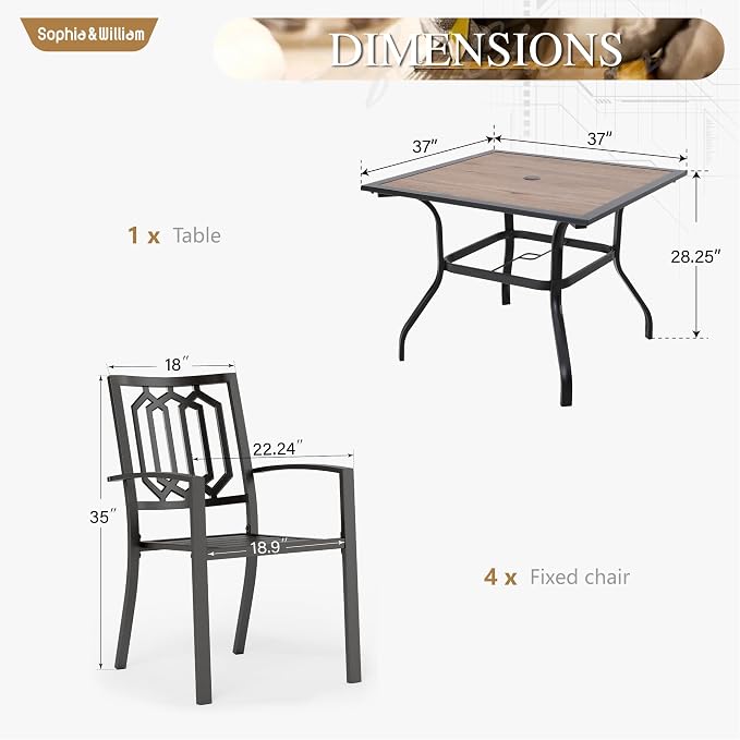 Sophia & William 5 Piece Outdoor Patio Dining Set Metal Table and Chairs Set with 37" Wood-Like Table Top and 1.57" Umbrella Hole