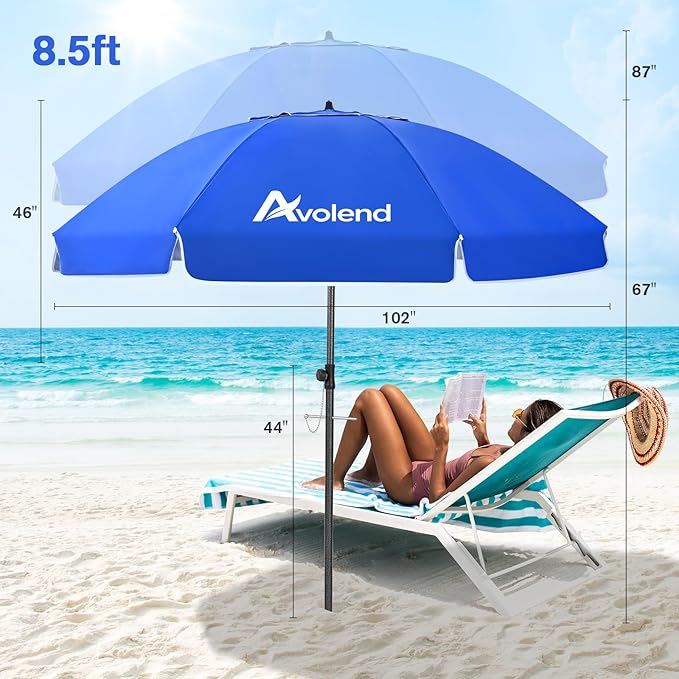 8.5FT Beach Umbrella, Portable Outdoor Umbrellas for Sand with Anchor Heavy Duty High Windproof, Height Adjustable Tilt Iron Pole, Patio Umbrella UV 50+ Protection Air Vent, Patio Garden Pool