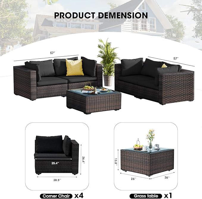 Patio Furniture Set 5 Piece All Weather PE Rattan Outdoor Sectional Sofa Couch with 4 x arm Sofa, No-Slip Cushions and Glass Top Table for Garden, Poolside, Backyard (Black)