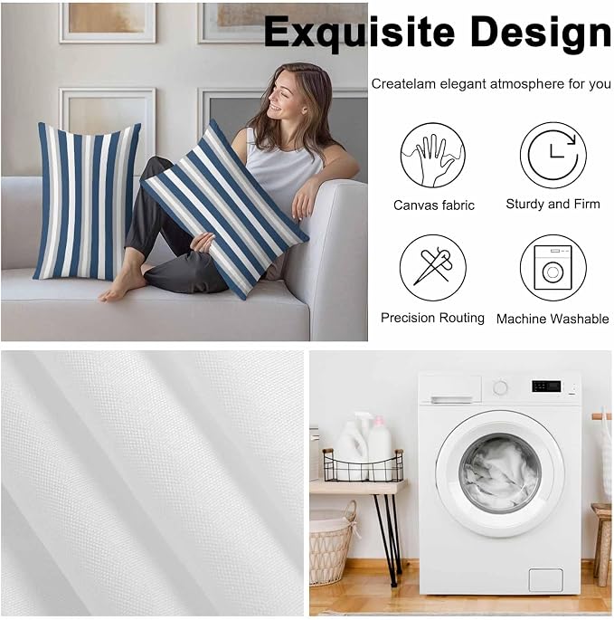 Lumbar Pillow Covers 20x12 Inch Set of 2, Navy Blue Grey Stripe Waterproof Outdoor Pillow Covers, Minimalist Farmhouse Striped Decorative Cushion Pillowcases for Couch, Sofa, Bed, Garden, Patio