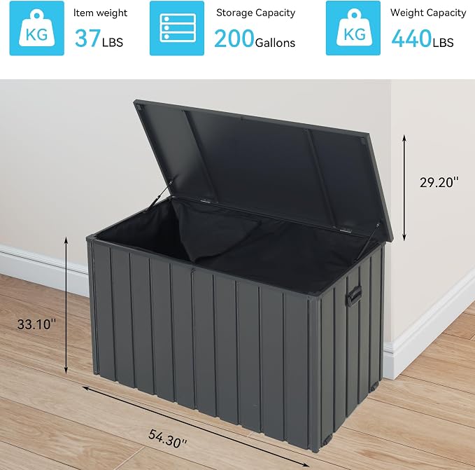 Outdoor Storage Box, Deck Box, 200 Gallon Metal Patio Storage Box, Heavy Duty Bin with Oxford Fabric Bag, Lockable Lid, Hydraulic Pistons, Wheels, Gray