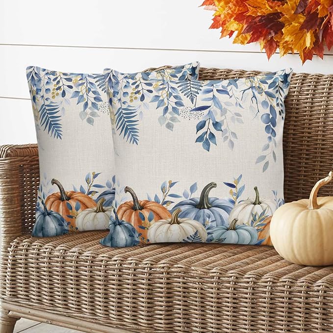 Orange Blue Fall Waterproof Outdoor Pillow Covers 24''x24'' Set of 2, Thanksgiving Eucalyptus Berry Leaves Patio Cushion Covers for Chairs, Decorative Pumpkin Beige Pillow Cases for Garden/Pool/Beach