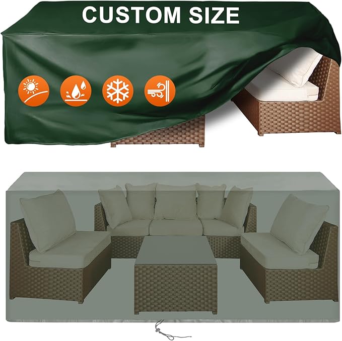 Patio Furniture Cover Rectangle 84"(L) x 44"(W) x 34"(H), Custom Heavy Duty 420D Waterproof Outdoor Cover with Drawstring & Buckles for Table Chair Garden, Green