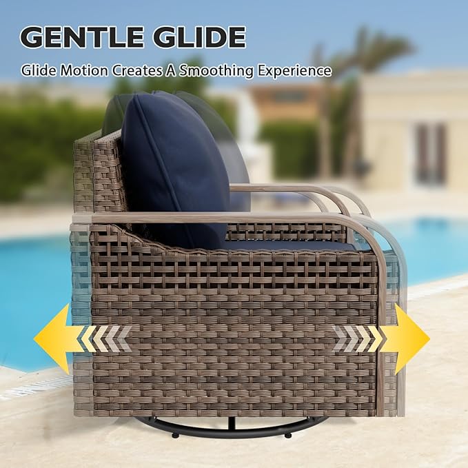 EAGLE PEAK Modern Wicker Outdoor Patio Furniture Set, Patio Conversation Set, 2 Swivel Rocking Chairs, 2-Seat Loveseat, Coffee Table and Side Table, 5 Pieces, Brown/Blue
