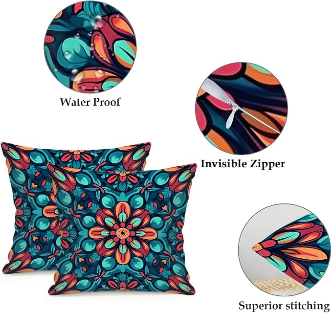 16x16 Inch Outdoor Pillow Covers Set of 2 Waterproof Throw Pillow Covers Decorative Couch Cushion Covers Boho Mandala Floral Square Pillowcases Protectors for Patio Garden Sofa
