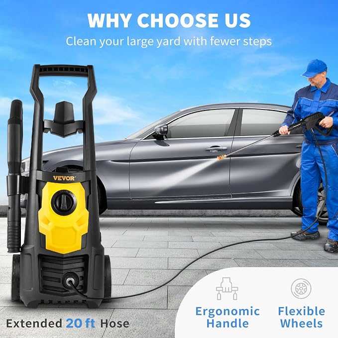 VEVOR Electric Power Washer, 2000 PSI 1.65 GPM, Portable Cleaner with 30ft Hose, Foam Cannon & 5 Nozzles for Cars, Patios, Fences - ETL Listed