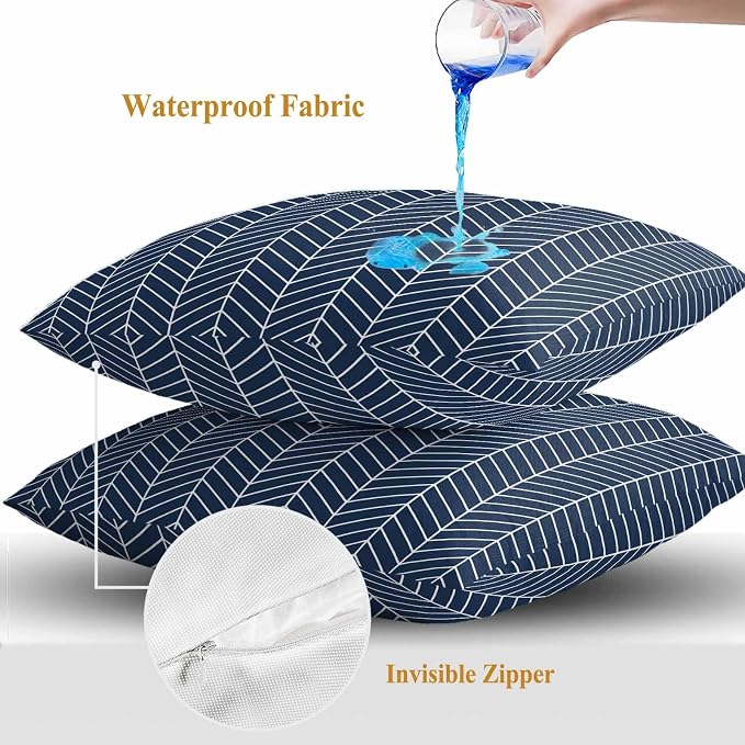 Outdoor Waterproof Throw Pillow Covers Set of 2 Navy Blue Chevron Stripes Pillowcases 26x26 Inches Modern Geometric Texture Decorative Pillows Cushion Case Patio Pillows for Couch Bed Chair Garden