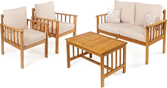 JONATHAN Y LVG1201B-4SET Everly 4-Piece Modern Cottage Acacia Wood Outdoor Patio Set with Cushions and Tropical Decorative Pillows Classic, Coastal, Traditional, Vintage, Mid-Century, Beige/Teak Brown