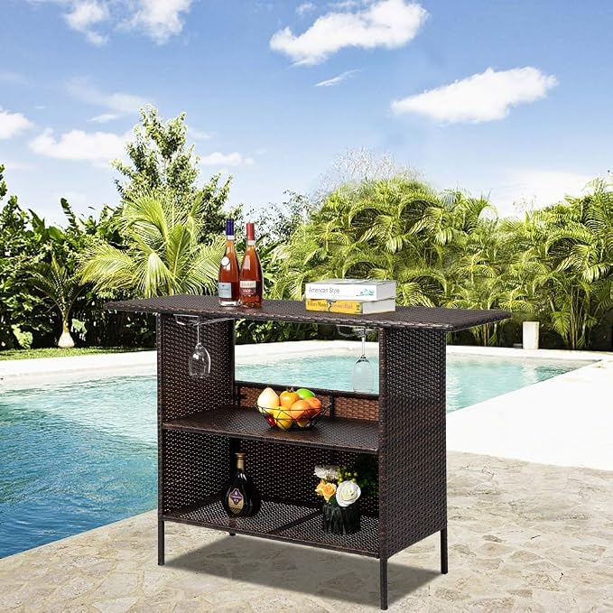Bar Patio Rattan Counter Table, Outdoor Bar Table,Patio Bar Height Counter Table,Console Table for Hot Tub, Balcony, Yard,Outdoor Patio Wicker Bar Counter Table Backyard Furniture 140 x 47 x 92CM