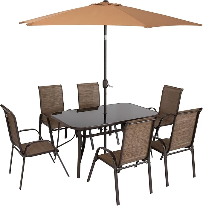 Outsunny 8 Pieces Patio Table and Chairs Set with 9 Ft Patio Umbrella, Outdoor Dining Set with 4.6 Ft Dining Table and 6 Chairs, Push Button Tilt and Crank Parasol, Tempered Glass Top, Mixed Brown