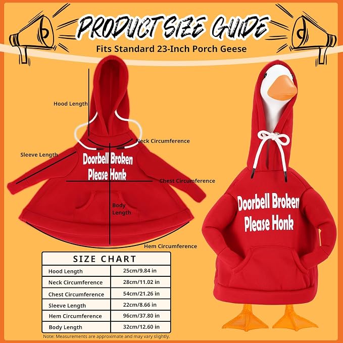 Porch Goose Hoodie Outfits for 23 Inch Porch Goose & Duck Statues, Classic Hoodie Goose Clothes for Concrete Geese, Funny Doorbell Goose for Front Porch & Garden Decor