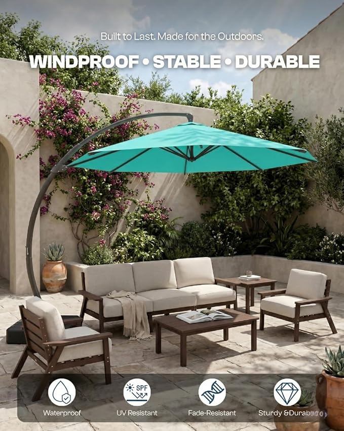 11 FT Cantilever Umbrella with Base Included, Large Round 360° Rotation Offset Umbrella Outdoor Patio, Heavy Duty Aluminum Frame, Sand-Weighted Stand, for Deck, Backyard, Pool, Garden (Tiffany Blue)