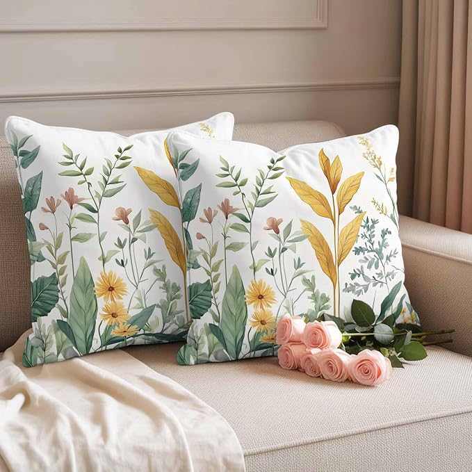 Outdoor Pillow Covers 26x26 Set of 2, Yellow Green Botanical Waterproof Patio Throw Pillow Covers for Couch Sofa Chair, Rustic Watercolor Leaves Decorative Pillowcases for Throw Pillows