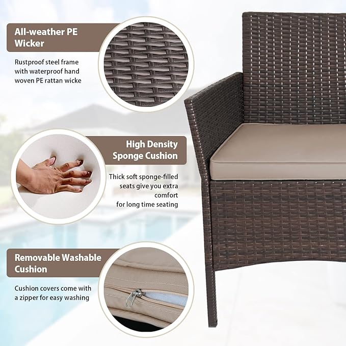 3-Piece Outdoor Wicker Conversation Bistro Set Outdoor Patio Porch Furniture Sets for Yard, Garden with 2 PE Rattan Wicker Chairs, 2 Cushions,1 Coffee Table