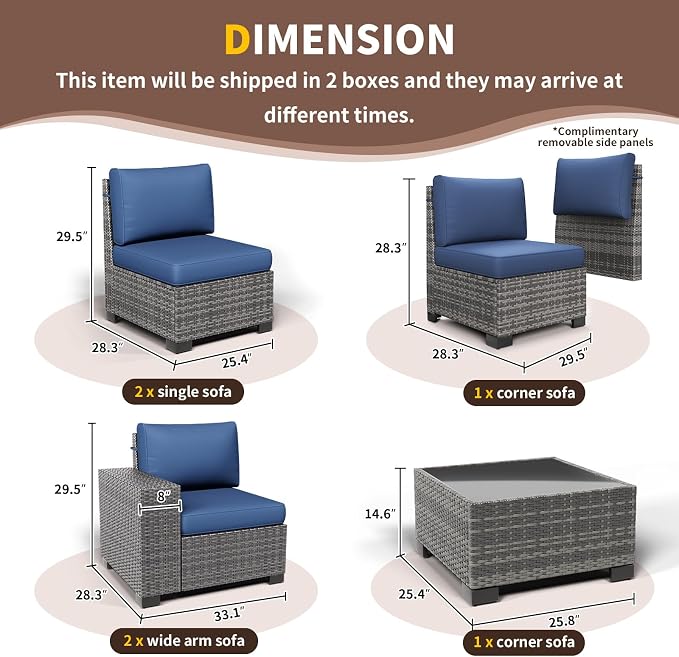 Outdoor Patio Furniture Set, 8'' Wide armrest Outdoor Sectional Rattan Sofa Set, Wicker Patio Furniture Sets w/Coffee Table,Thick Cushions and Cover for Porch, Balcony,Deck 6 PCS(Grey&Navy)