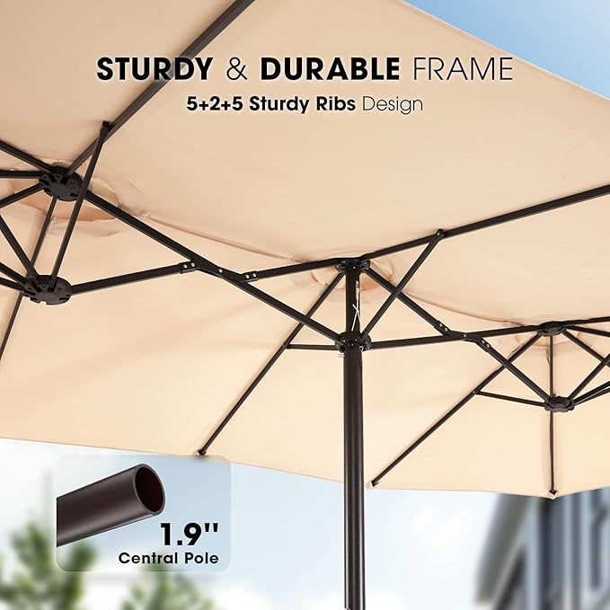 BLUU 15ft Large Patio Umbrellas with Base Included, Outdoor Double-Sided Umbrella with Crank Handle, Powerful UV Protective, for Pool Lawn Garden (Beige)