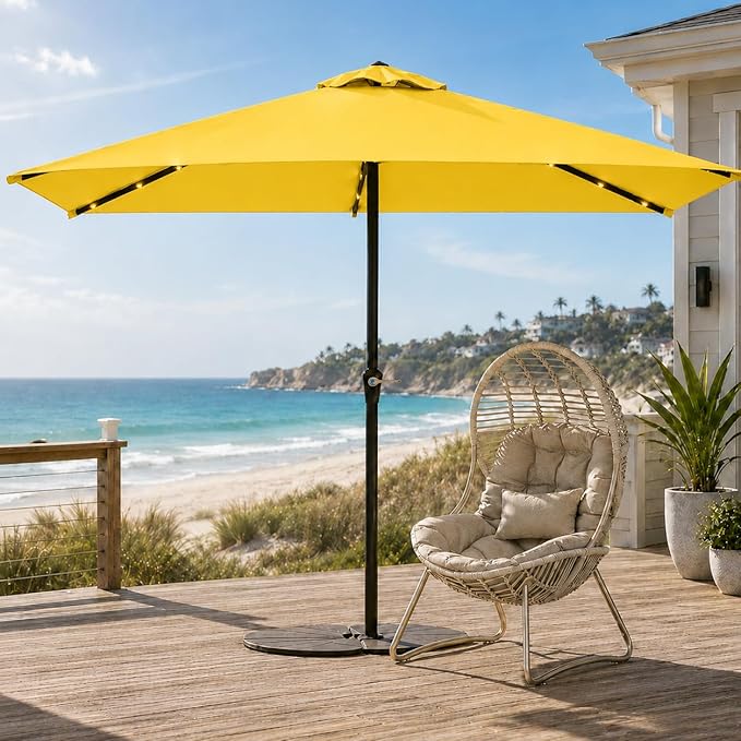 6.5 x 10ft Rectangular Patio Umbrella with Solar Lights, 16 LED Lighted Market Umbrella with Push-Button Tilt and Crank, 6 Sturdy Iron Ribs for Garden, Deck, Pool, Sunshine Yellow