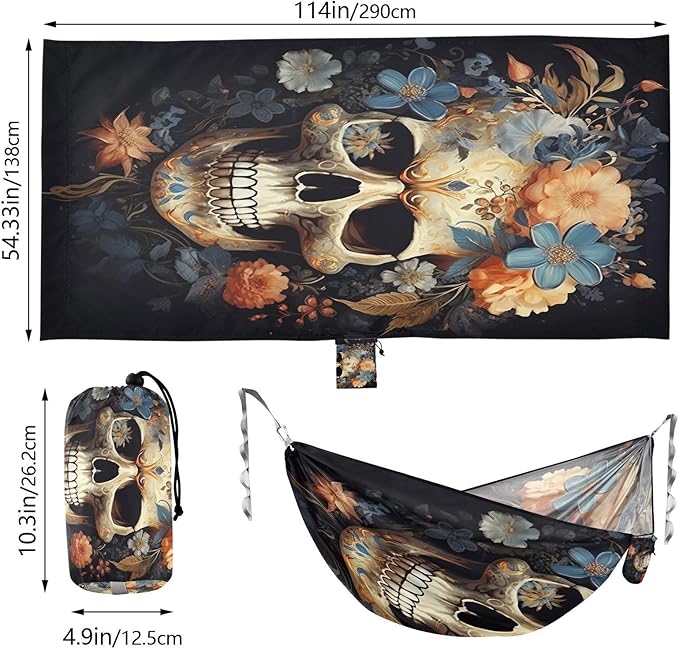 FRMG Skull Floral Hammock 500 lbs Capacity Portable Hammocks with Tree Straps & Attached Carry Bag, Camping Essentials Gear, 2011338a